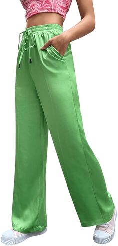 SweatyRocks Women's Wide Leg Satin Pants Casual Elastic Waist Loose Trousers with Pocket in Kuwait