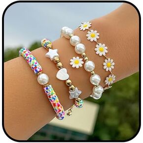 FUTIMELY Preppy Heishi Surfer Beaded Bracelets Set for Women Teen Girls,Bohemian Colorful Daisy Sunflower Star Heart Beaded Layering Bracelets y2k Elegant Jewelry