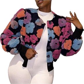 Aimiray Women's Cropped Floral Print Jacket Long Sleeve Fleece Warm Bomber Jacket Lightweight Button Down Coats in Kuwait