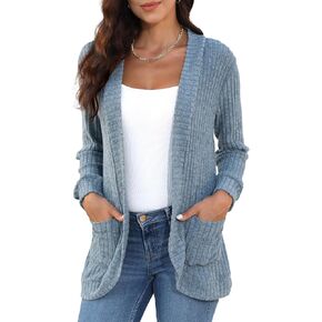 HIYIYEZI Womens Long Sleeve Open Front Cardigans Knit Sweaters Outwear with Pockets