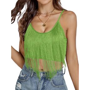Rooscier Women's Fringe Trim Spaghetti Strap Sleeveless Ribbed Sexy Cami Crop Top Vest