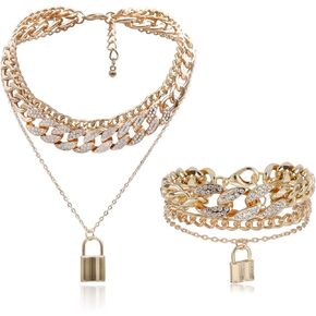 COLORFUL BLING Shiny Hip Hop Rhinestone Cuban Link Chain Lock Pendant Necklace With Bracelet Set Punk Cubic Zircon Layered Choker Necklace for Women Unisex Jewelry