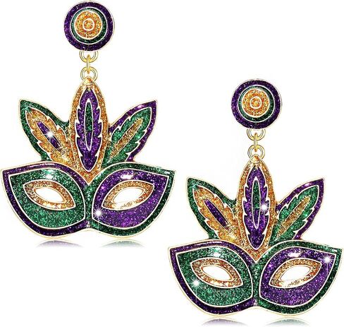 Mardi Gras Earrings for Women, Glitter Crown Mask Fleur De Lis Earrings for Fat Tuesday Celebration, Mardi Gras Accessory Carnival Parade Party Favors Gifts in Saudi Arabia