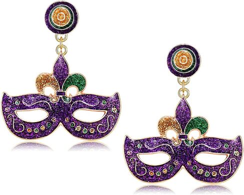 Mardi Gras Earrings for Women, Glitter Crown Mask Fleur De Lis Earrings for Fat Tuesday Celebration, Mardi Gras Accessory Carnival Parade Party Favors Gifts in Saudi Arabia