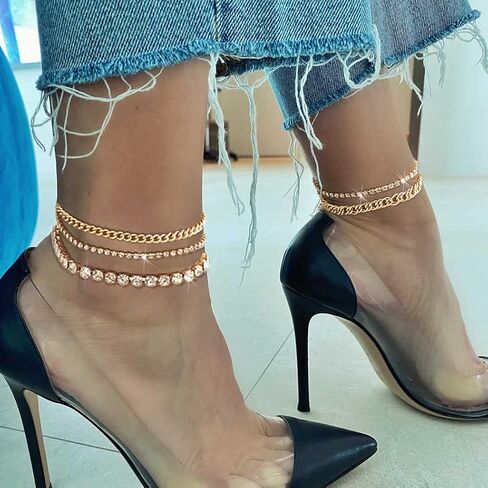 Lorealri Layered Crystal Anklets Bracelets Gold Rhinestone Chunky Ankle Chain Summer Beach Waterproof Barefoot Sandals Foot Jewelry for Women and Teen Girls, Rhinestone in Kuwait