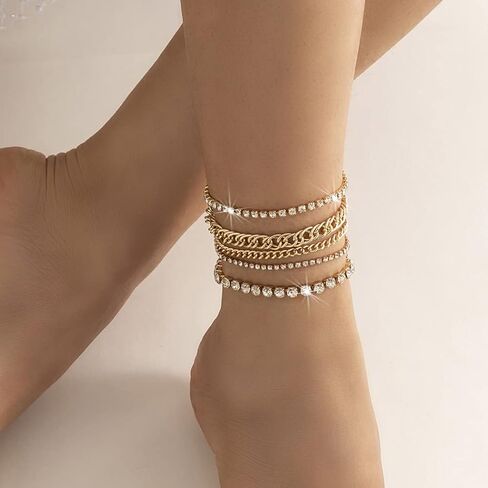 Lorealri Layered Crystal Anklets Bracelets Gold Rhinestone Chunky Ankle Chain Summer Beach Waterproof Barefoot Sandals Foot Jewelry for Women and Teen Girls, Rhinestone in Kuwait