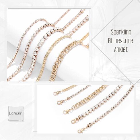 Lorealri Layered Crystal Anklets Bracelets Gold Rhinestone Chunky Ankle Chain Summer Beach Waterproof Barefoot Sandals Foot Jewelry for Women and Teen Girls, Rhinestone in Kuwait