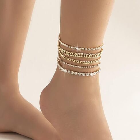 Lorealri Layered Crystal Anklets Bracelets Gold Rhinestone Chunky Ankle Chain Summer Beach Waterproof Barefoot Sandals Foot Jewelry for Women and Teen Girls, Rhinestone in Kuwait