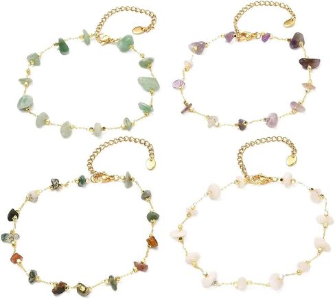 PH PandaHall 10pcs Golden Brass Chain Anklet with Colorful Natural Gemstone Chip, Adjustable Bracelet Anklet Bracelet Charm Stone Bracelet Beaded Bangle for Women and Men Christmas Gift in Saudi Arabia