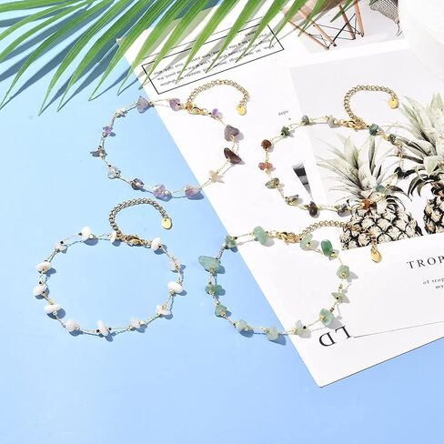 PH PandaHall 10pcs Golden Brass Chain Anklet with Colorful Natural Gemstone Chip, Adjustable Bracelet Anklet Bracelet Charm Stone Bracelet Beaded Bangle for Women and Men Christmas Gift in Saudi Arabia