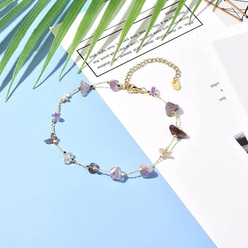 PH PandaHall 10pcs Golden Brass Chain Anklet with Colorful Natural Gemstone Chip, Adjustable Bracelet Anklet Bracelet Charm Stone Bracelet Beaded Bangle for Women and Men Christmas Gift in Saudi Arabia
