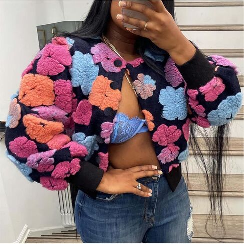 Aimiray Women's Cropped Floral Print Jacket Long Sleeve Fleece Warm Bomber Jacket Lightweight Button Down Coats in Kuwait