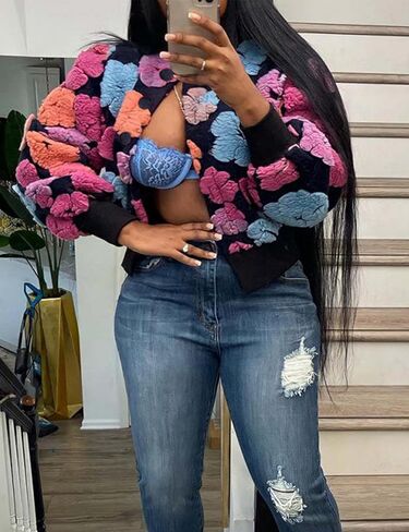 Aimiray Women's Cropped Floral Print Jacket Long Sleeve Fleece Warm Bomber Jacket Lightweight Button Down Coats in Kuwait