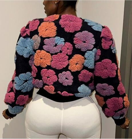 Aimiray Women's Cropped Floral Print Jacket Long Sleeve Fleece Warm Bomber Jacket Lightweight Button Down Coats in Kuwait