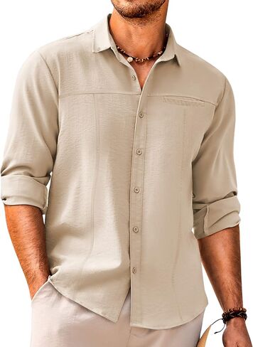 COOFANDY Men's Linen Shirts Casual Button Down Long Sleeve Beach Shirt with Pocket in Saudi Arabia