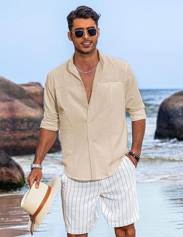 COOFANDY Men's Linen Shirts Casual Button Down Long Sleeve Beach Shirt with Pocket in Saudi Arabia
