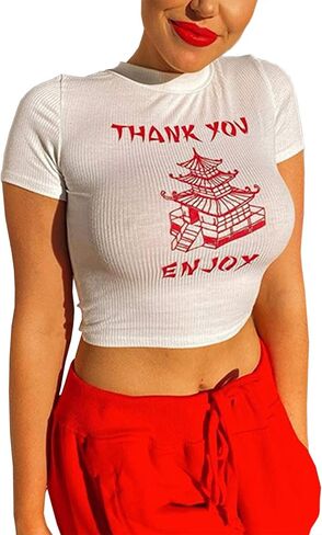 SAFRISIOR Women Sexy Thank You Enjoy Printed Tower Graphic Skinny Slim Streetwear Sleeveless Crop Tank Top in Saudi Arabia