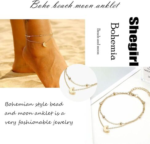 Shegirl Boho خلخال مزدوج سوار القمر شاطئ الكاحل سوار الفضة الخرز سلسلة مجوهرات القدم للنساء والفتيات in Kuwait