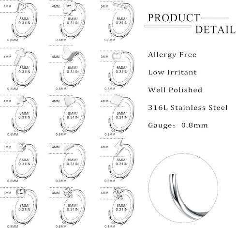 CASSIECA 15 زوجًا من الأقراط نصف الأطواق المصنوعة من الفولاذ المقاوم للصدأ أقراط هوجي هوب الصغيرة المخلب، الكرة، البار، النجمة، القمر، القلب، الفراشة، النقطة، تشيكوسلوفاكيا نصف الأطواق أقراط ثقب الغضروف أقراط صغيرة هوب in Kuwait