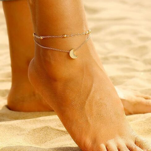 Shegirl Boho خلخال مزدوج سوار القمر شاطئ الكاحل سوار الفضة الخرز سلسلة مجوهرات القدم للنساء والفتيات in Kuwait