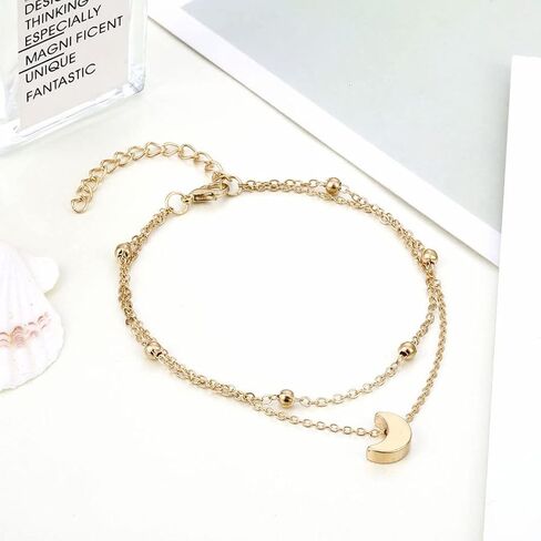 Shegirl Boho خلخال مزدوج سوار القمر شاطئ الكاحل سوار الفضة الخرز سلسلة مجوهرات القدم للنساء والفتيات in Kuwait