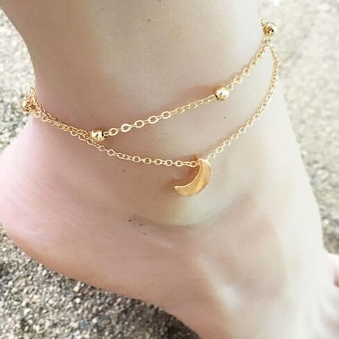 Shegirl Boho خلخال مزدوج سوار القمر شاطئ الكاحل سوار الفضة الخرز سلسلة مجوهرات القدم للنساء والفتيات in Kuwait