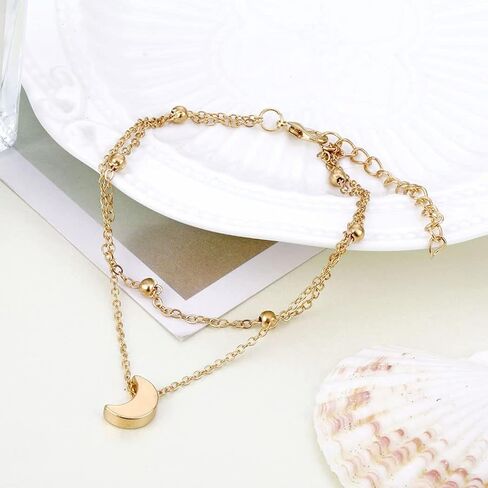 Shegirl Boho خلخال مزدوج سوار القمر شاطئ الكاحل سوار الفضة الخرز سلسلة مجوهرات القدم للنساء والفتيات in Kuwait