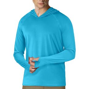 قمصان بقلنسوة للرجال من Rash Guard بأكمام طويلة مع عامل حماية من الشمس SPF50+ لصيد السمك والمشي لمسافات طويلة في الهواء الطلق والجري قمصان شمسية خفيفة الوزن وسريعة الجفاف للتمرين Rashguard أزرق سماوي L in Kuwait