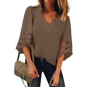 luvamia Women's Casual V Neck Blouse 3/4 Bell Sleeve Mesh Panel Shirts Loose Top