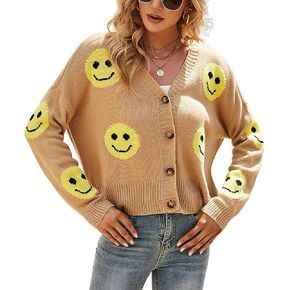 ebossy Womens Ribbed Knit Cardigans Slouchy Cute Smile Graphic Pretty Daisy Button-up Jacquard Knitted Sweater Coat in Kuwait