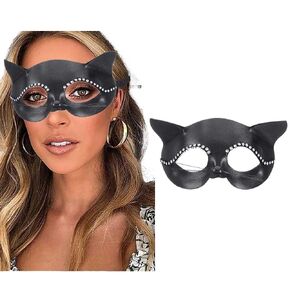 Obmyec Cat mask Rhinestone Mask Masquerade Mask Halloween Elastic Mardi Gras eyemask Costume Party for Women (Black-cat)
