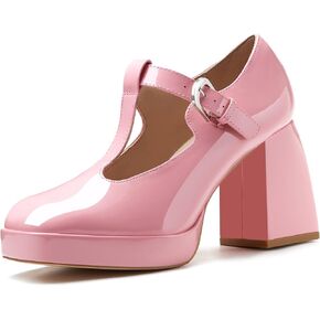 Coutgo Women's T-Strap Platform Mary Janes Square Toe High Chunky Heels Dress Party Pumps Shoes