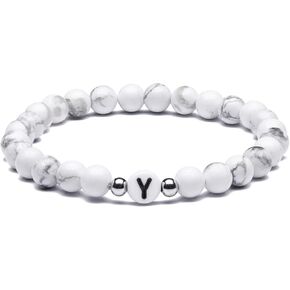 MIGATI Name Bracelet Personalized Initial Letter for Women Men Couples Howlite Stone Healing Calming Yoga Stress Relief Elastic in Saudi Arabia