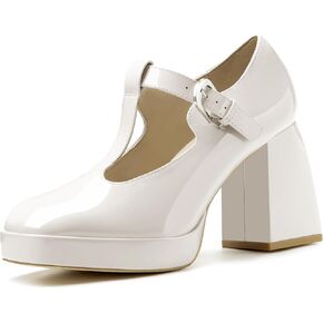 Coutgo Women's T-Strap Platform Mary Janes Square Toe High Chunky Heels Dress Party Pumps Shoes