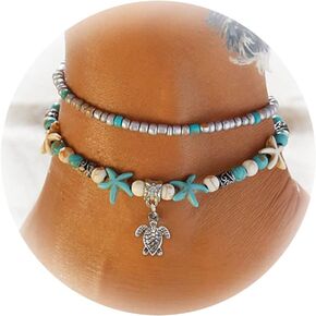 Turquoise Starfish Anklet Bracelet Boho Turtle Charm Beach Anklets Foot Jewelry for women Layered Beads Turquoise Bracelet in Saudi Arabia