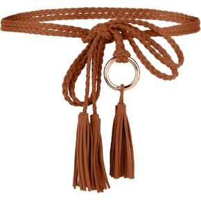TIESOME Women's Tassel Braided Waist Belt, Skinny Handwoven Belt with Ring for Dress Waist Belt