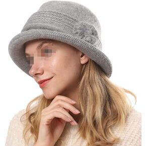 Winter Fall Knit Cloche Hat Church Bucket Hat Vintage Beanie Hat Round Brim Warm Hat Flower Bowler Hat for Women Ladies Grey