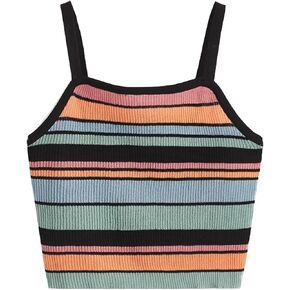 SweatyRocks Women's Sexy Strappy Crop Top Striped Print Ribbed Knit Cami Top