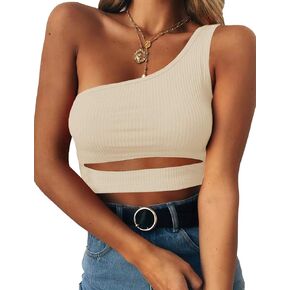 PRETTODAY Women's Sexy Cut Out Crop Tank Tops One Shoulder Sleeveless Strappy Tank Basic Slim Fit Crop Cami Top