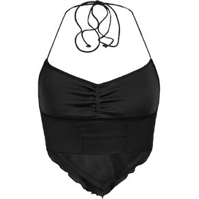 Floerns Women's Ruched Sleeveless Halter Neck Tie Back Hanky Hem Crop Cami Top
