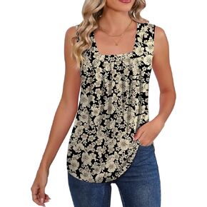 AKEWEI Summer Tank Top for Women Square Neck Sleeveless Tops Flowy Pleated Tunic Loose Fit S-3XL