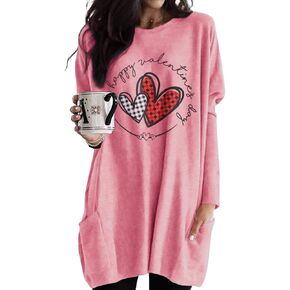 KEKEMI Women Happy Valentine's Day Sweatshirt Plaid Heart Graphic Shirt Casual Long Sleeve Pullover Tops with Pockets