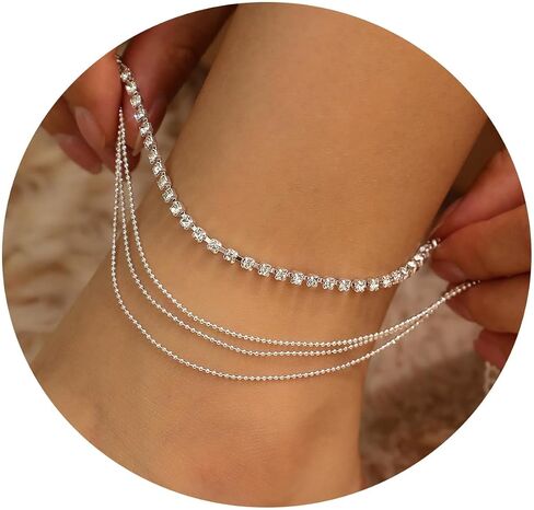 sjmygudgo Ankle Bracelets for Women 14k Gold Plated Silver Anklets for Women Beaded Anklets Set Summer Beach Anklets for Women Teen Girls Gold Jewelry Gifts in Saudi Arabia