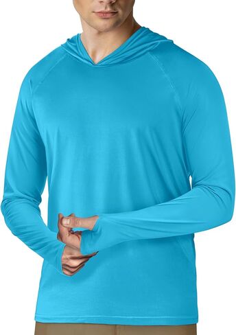 قمصان بقلنسوة للرجال من Rash Guard بأكمام طويلة مع عامل حماية من الشمس SPF50+ لصيد السمك والمشي لمسافات طويلة في الهواء الطلق والجري قمصان شمسية خفيفة الوزن وسريعة الجفاف للتمرين Rashguard أزرق سماوي L in Kuwait