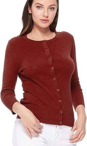 JSCEND Women's 3/4 Sleeve Crew Neck Button Down Stretch Knit Cardigan Sweater (S-3XL) in Saudi Arabia
