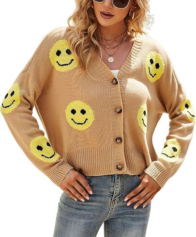 ebossy Womens Ribbed Knit Cardigans Slouchy Cute Smile Graphic Pretty Daisy Button-up Jacquard Knitted Sweater Coat in Kuwait