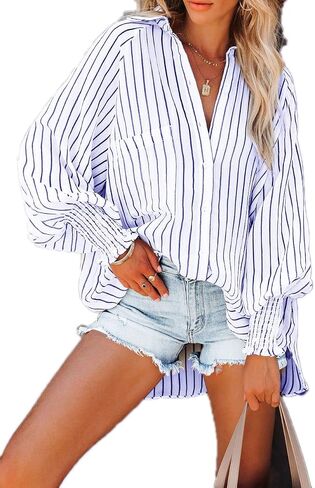 Paintcolors Women's Cotton Pocketed Button Up Shirts Long Billowy Sleeves Blouse V Neck High Low Statement Tunics Tops in Saudi Arabia