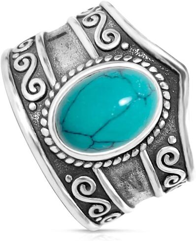 DALEGEM Oval Genuine Turquiose Stone Gemstone Ring,S925 Sterling Silver Retro Natural Oval Quartz Crystal Gemstone Stone Boho Wide Band Ring Jewelry Gift for Women in Saudi Arabia