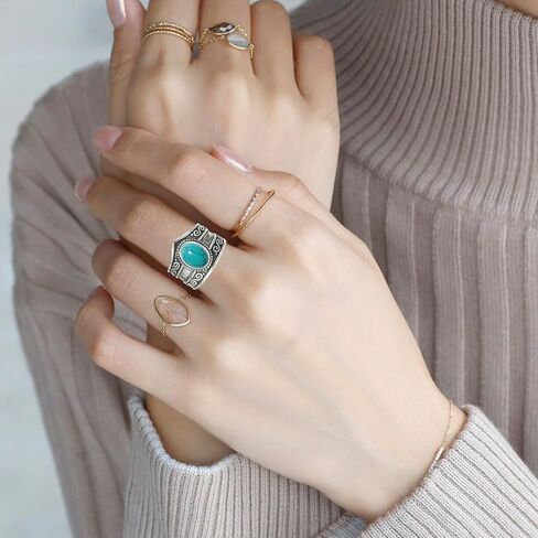 DALEGEM Oval Genuine Turquiose Stone Gemstone Ring,S925 Sterling Silver Retro Natural Oval Quartz Crystal Gemstone Stone Boho Wide Band Ring Jewelry Gift for Women in Saudi Arabia
