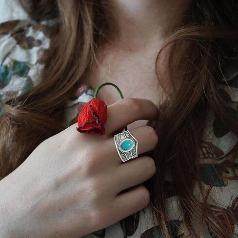 DALEGEM Oval Genuine Turquiose Stone Gemstone Ring,S925 Sterling Silver Retro Natural Oval Quartz Crystal Gemstone Stone Boho Wide Band Ring Jewelry Gift for Women in Saudi Arabia
